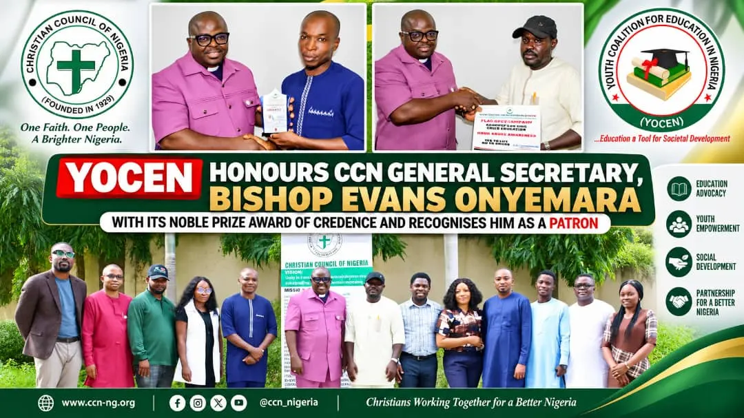 CCN General Secretary Bishop Evans Onyemara receives YOCEN Patronage Recognition during a Legacy Courtesy Visit by the Youth Coalition for Education in Nigeria in Abuja.