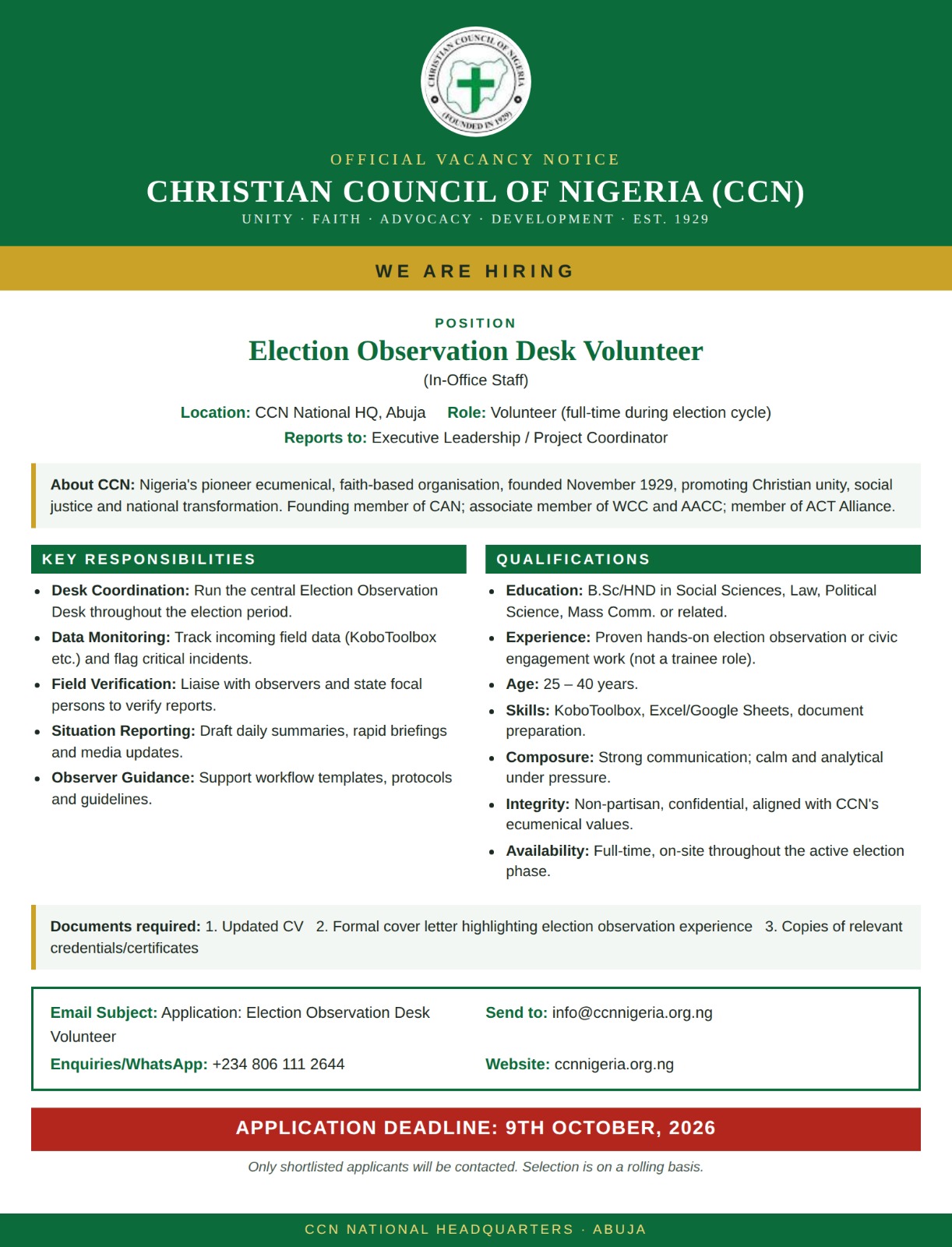 CCN official vacancy notice for Election Observation Desk Volunteer in Abuja.